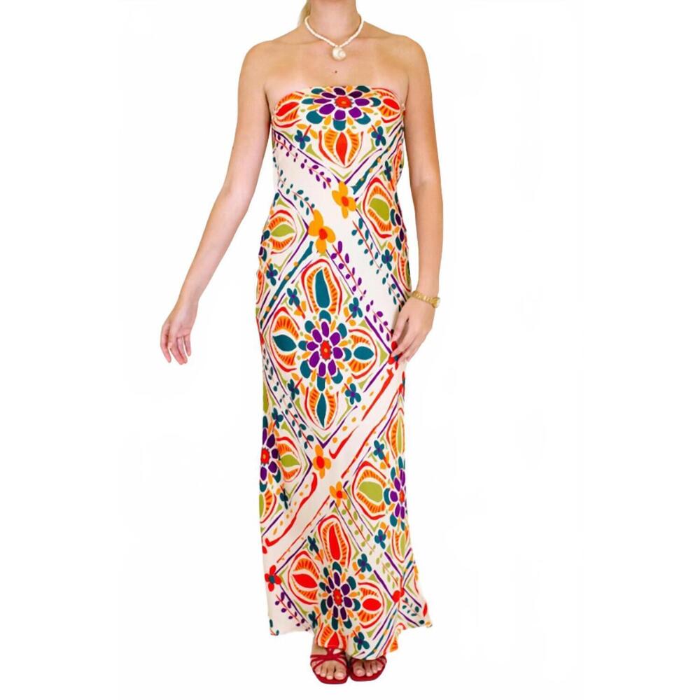 NEW LAVENDER BROWN talia floral strapless maxi dress in cream/ orange multi
